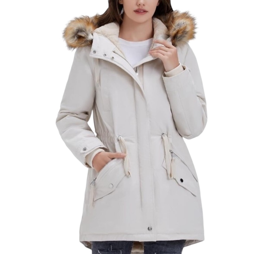 NWOT ROYAL MATRIX Women's Winter Coat Fleece Lined Parka Jacket Hooded 10 Cream